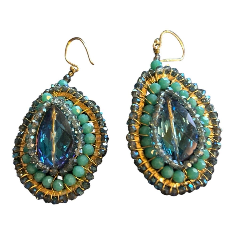 Blue & Green Rhinestone Teardrop Dangle Earrings Gold Tone Statement Boho